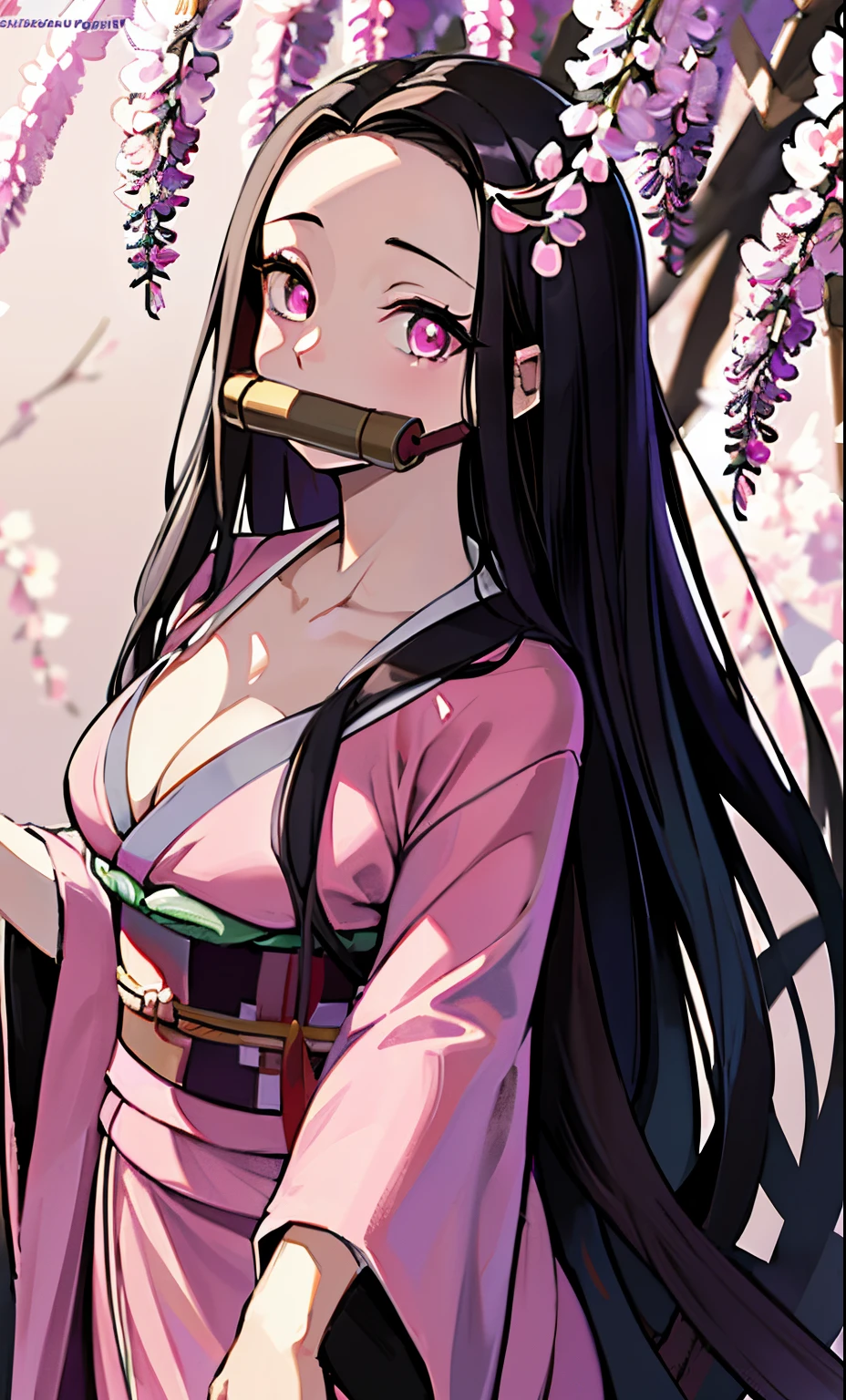 masterpiece, (pink kimono), seductive face, good lighting, décolleté, fine details, masterpiece, glowing eyes, 1girl, black hair, gag, bamboo, Nezuko Kamado, wisteria background, masterpiece, best quality, POV, whole body, wide hips,