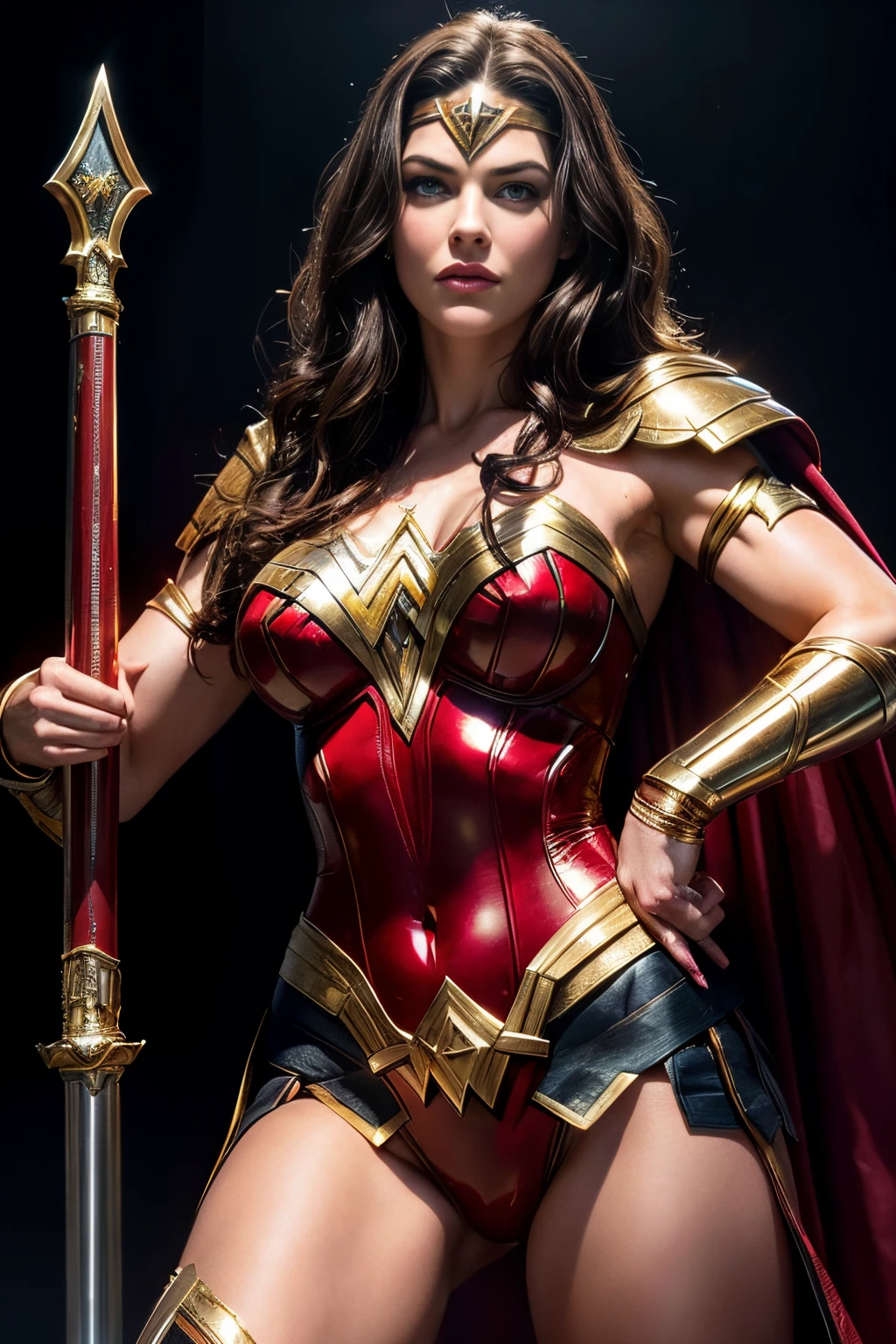 (best quality,realistic:1.2),Liv Tyler in Wonder Woman costume,stunning,hyper-realistic,detailed eyes,luscious lips,dark flowing hair,muscular physique,fierce expression,glowing golden tiara,bright red and gold armor,shield and sword,powerful stance,heroic background,studio lighting,vibrant colors,sharp focus