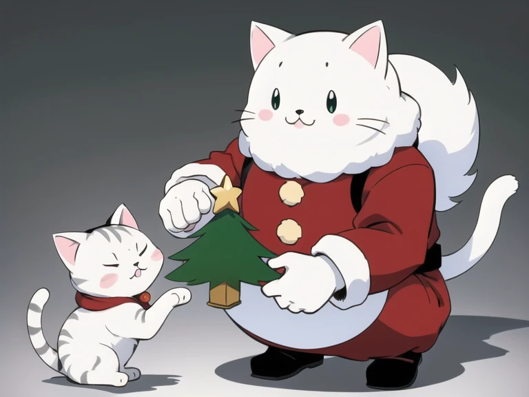 a ((kawaii cat)) drees like santa, holding a tiny christmas tree, simple background, minimalistic, flat colors, chiaroscuro.
