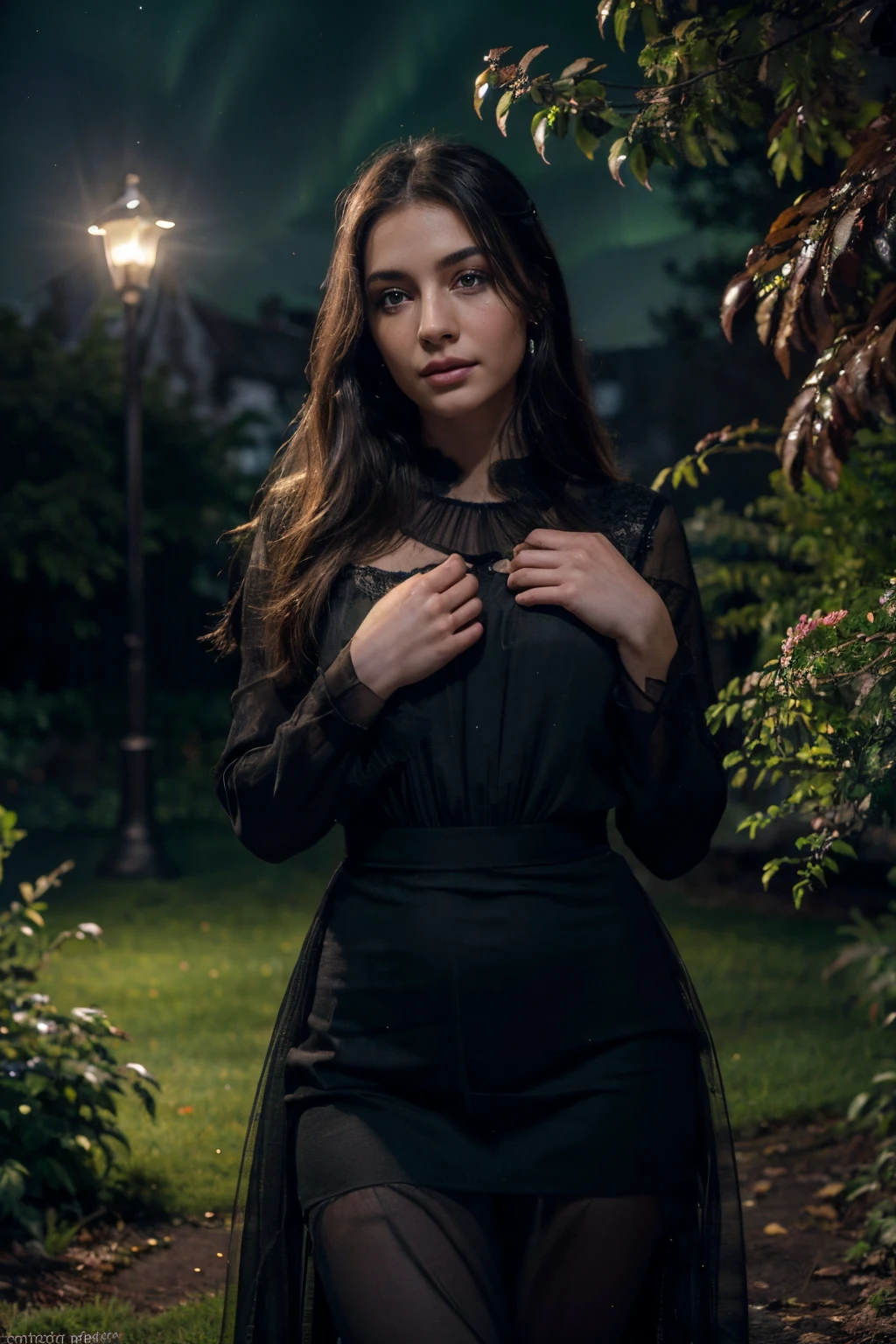 (best quality,4k,8k,highres,masterpiece:1.2),ultra-detailed,(realistic,photorealistic,photo-realistic:1.37),beautiful detailed eyes,beautiful detailed lips,extremely detailed eyes and face,longeyelashes,dark(Scene Description),soft and gentle lighting,stunning black dress,confident stance,particle effects,subtle film grain,chromatic aberration,vivid colors,powerful presence,luminous atmosphere,ethereal beauty,aurora borealis backdrop,nighttime garden scenery,whispering leaves,enchanted atmosphere