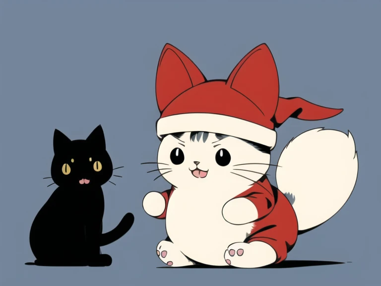 a ((kawaii cat)) drees like santa, holding a tiny christmas tree, simple background, minimalistic, flat colors, chiaroscuro.