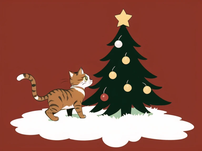 a ((kawaii cat)) drees like santa, holding a tiny christmas tree, simple background, minimalistic, flat colors, chiaroscuro.