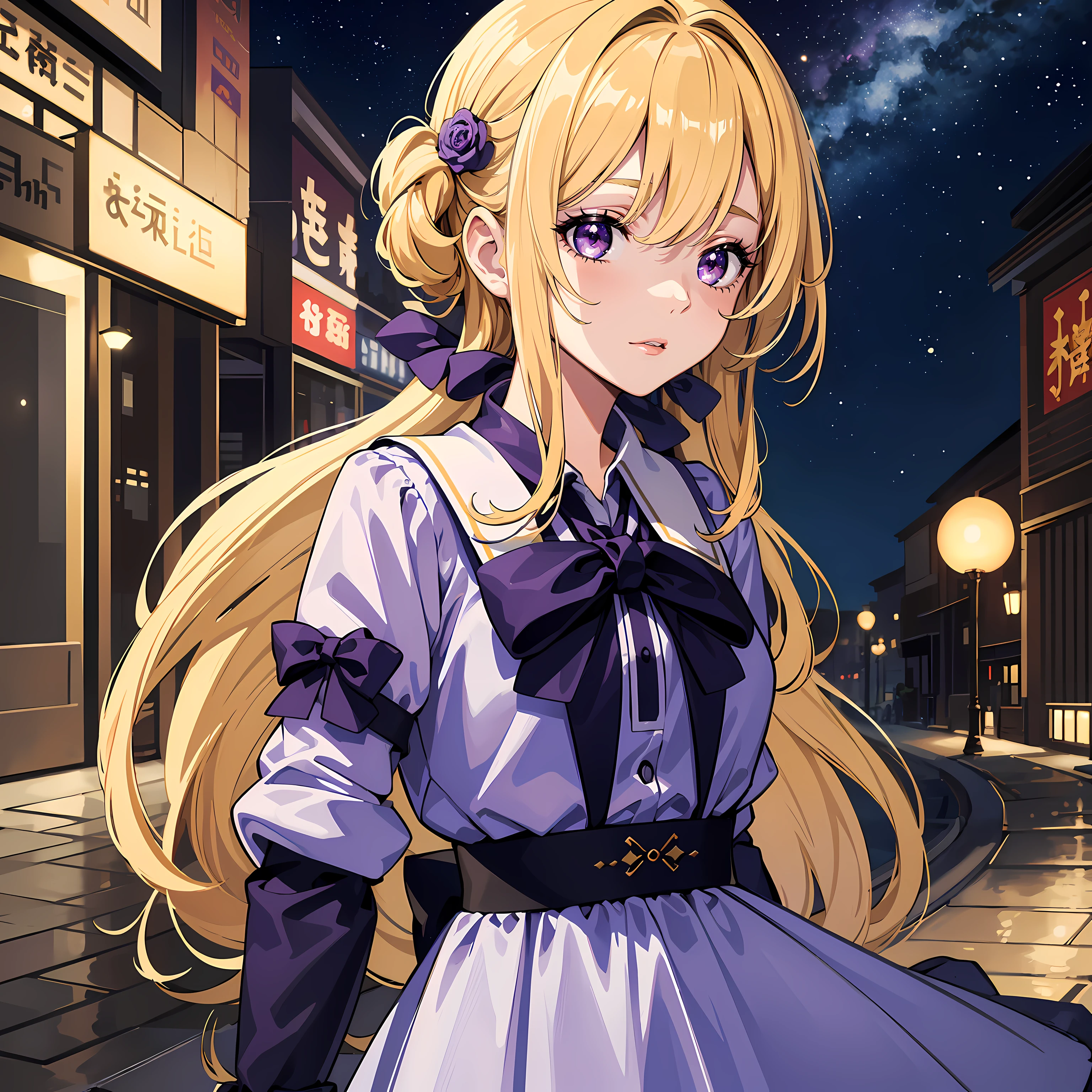 (Masterpiece), Best Quality, High Resolution, Extremely detailed, Stunningly beautiful, 1girl, 独奏, Exterior décor, upper body face shot, longue blonde hair, purple eyes with glitter, galactic effect, Cute, juvenile, Energetic, extrovert, Moron, gorgeous schoolgirl.