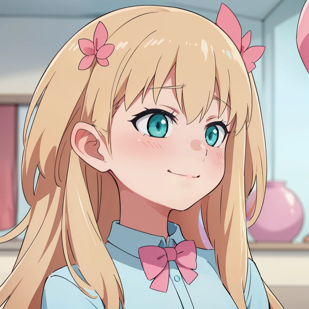hiquality, tmasterpiece (one girls) blonde woman. Cyan eyes. white shirt. ssmile. Pink Bow. pink ribbon on hair. In the background of the room