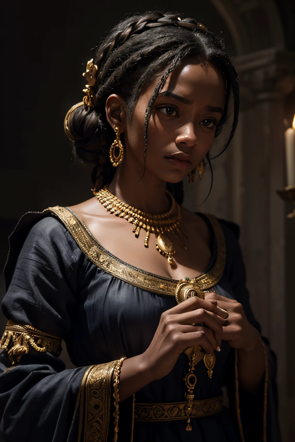 A slave, vivid colors, realistic, detailed facial features, emotional expression, flowing fabric, dimly lit, dark background, textured skin, historical painting, dramatic composition, intense eyes, somber mood, masterful brushwork, powerful storytelling, dynamic pose, aged shackles, evocative lighting, ornate dress, harsh shadows, intimate close-up, subjugation, resilience, symbolic elements, stunning depiction, narrative weight