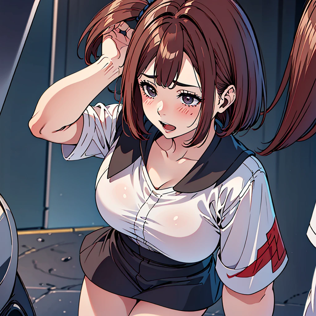 best quality, masterpiece, kyrielight mash, solo, 1girl, black eyes, :d, fat, black clothes, (chibi: 0.6), light red hair, short hair, sticker, emoji, cute, white background, ((sad)), chibi