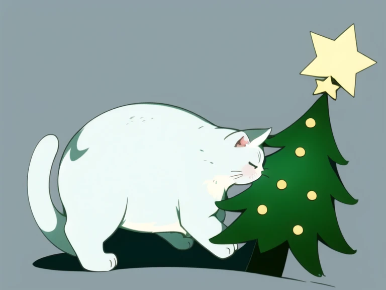 a ((kawaii cat)) drees like an elf, tiny christmas tree, simple background, minimalistic, flat colors, chiaroscuro.