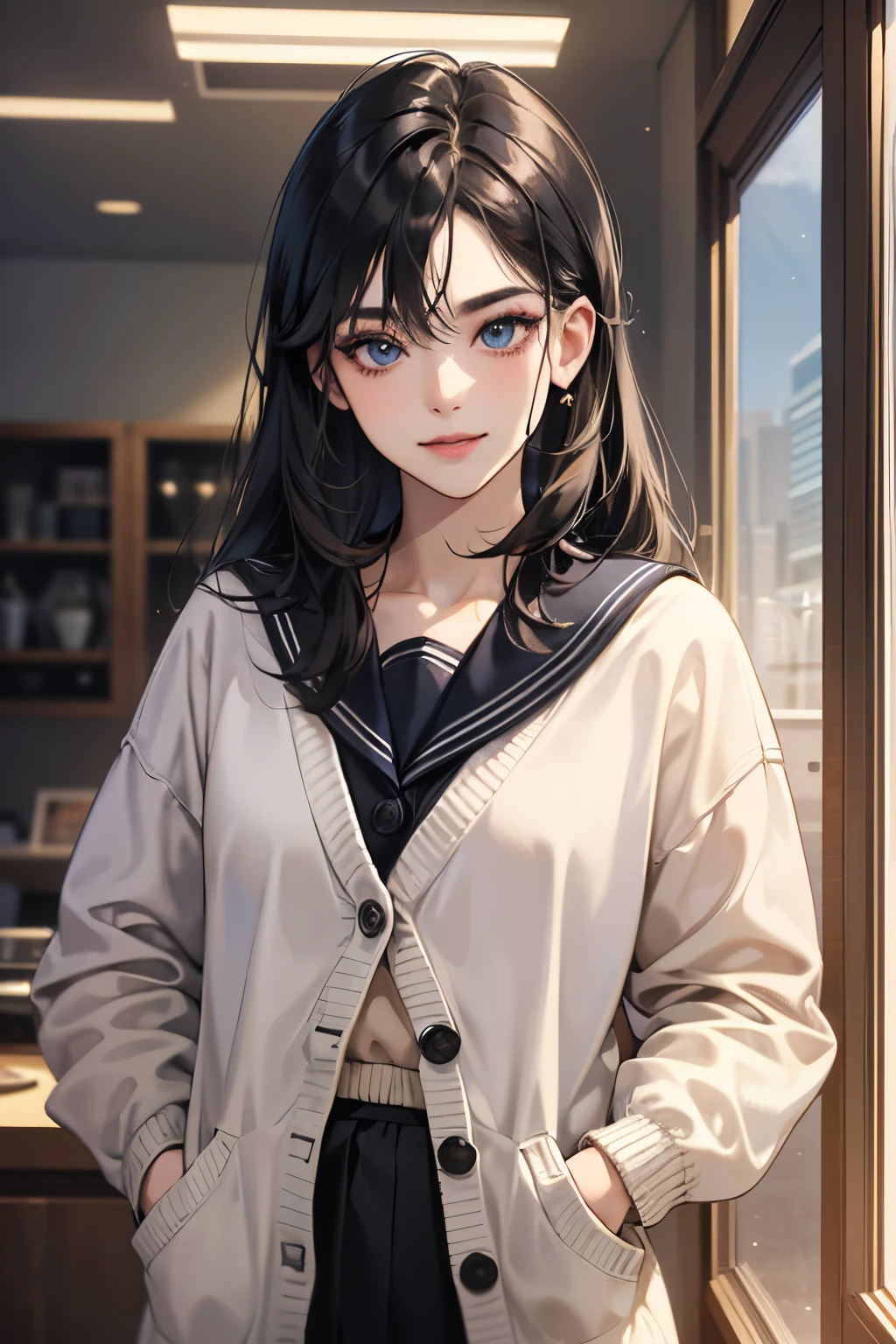 (masutepiece, Digital Art, Digital Illustration, 4K, 8K, Ultra-detailed, beautiful image, Sharp Image, Photorealistic, Raw photo, Perfect face, Perfect lines, Perfect eyes, Soft lighting) 1 woman, (Long Black Hair,straight haired,Bullish gaze,Beautie,Solid makeup,femele,small tits:1.3),Two handsome men in suits, (ember,Men in suits,well-muscled,Firm shoulder width,Adult male,Boyish hairstyle,English gentlemanly style,Man in his 30s with a cool expression,28-year-old man with bright smile:1.2),Donut Shop、donut、There are many donuts lined up、a sailor suit、Knee-length pleated skirt、baggy cardigan、