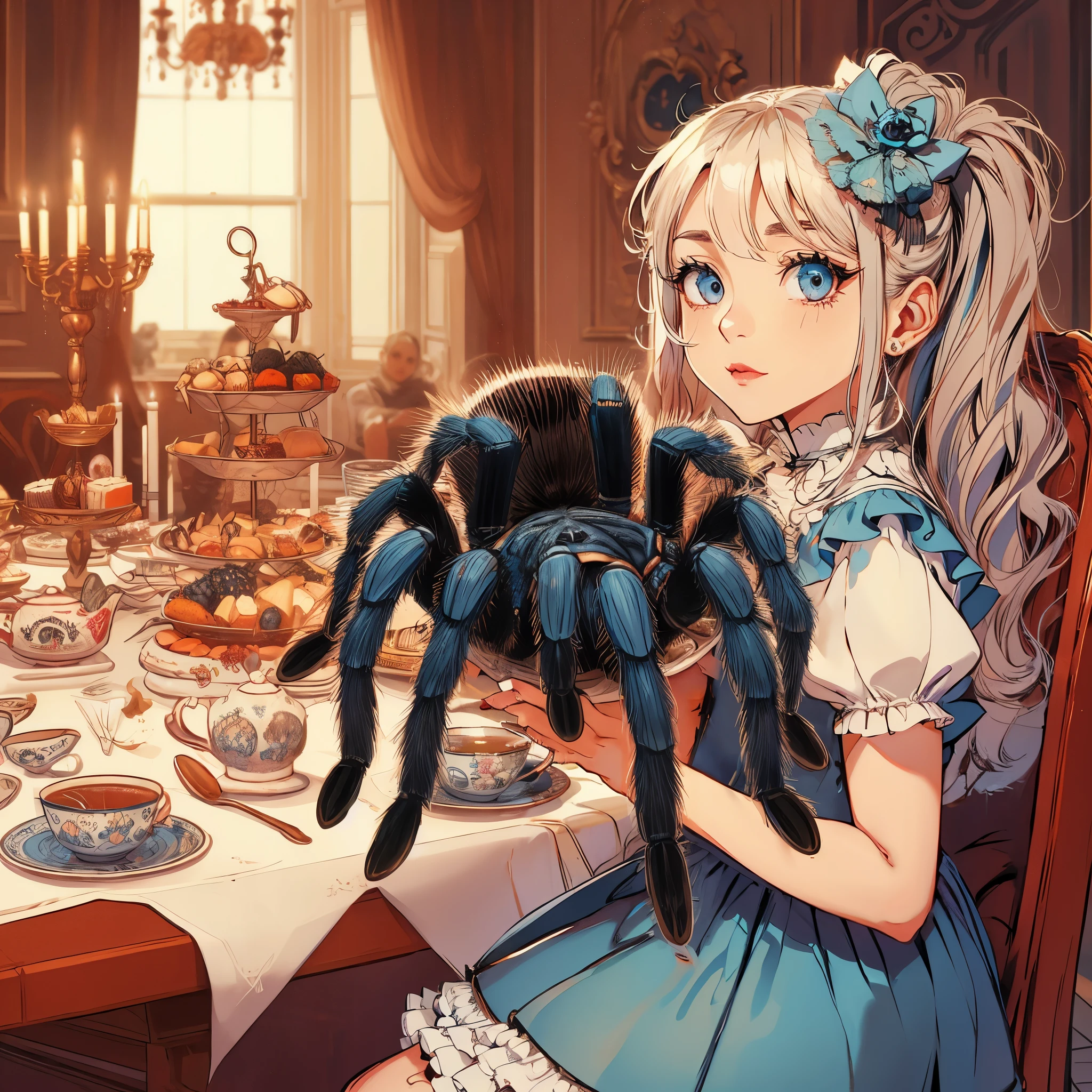 A girl and a big tarantula. A black and blue glossy tarantula. The girl's eyes are red. Tea party. Inside the mansion.
