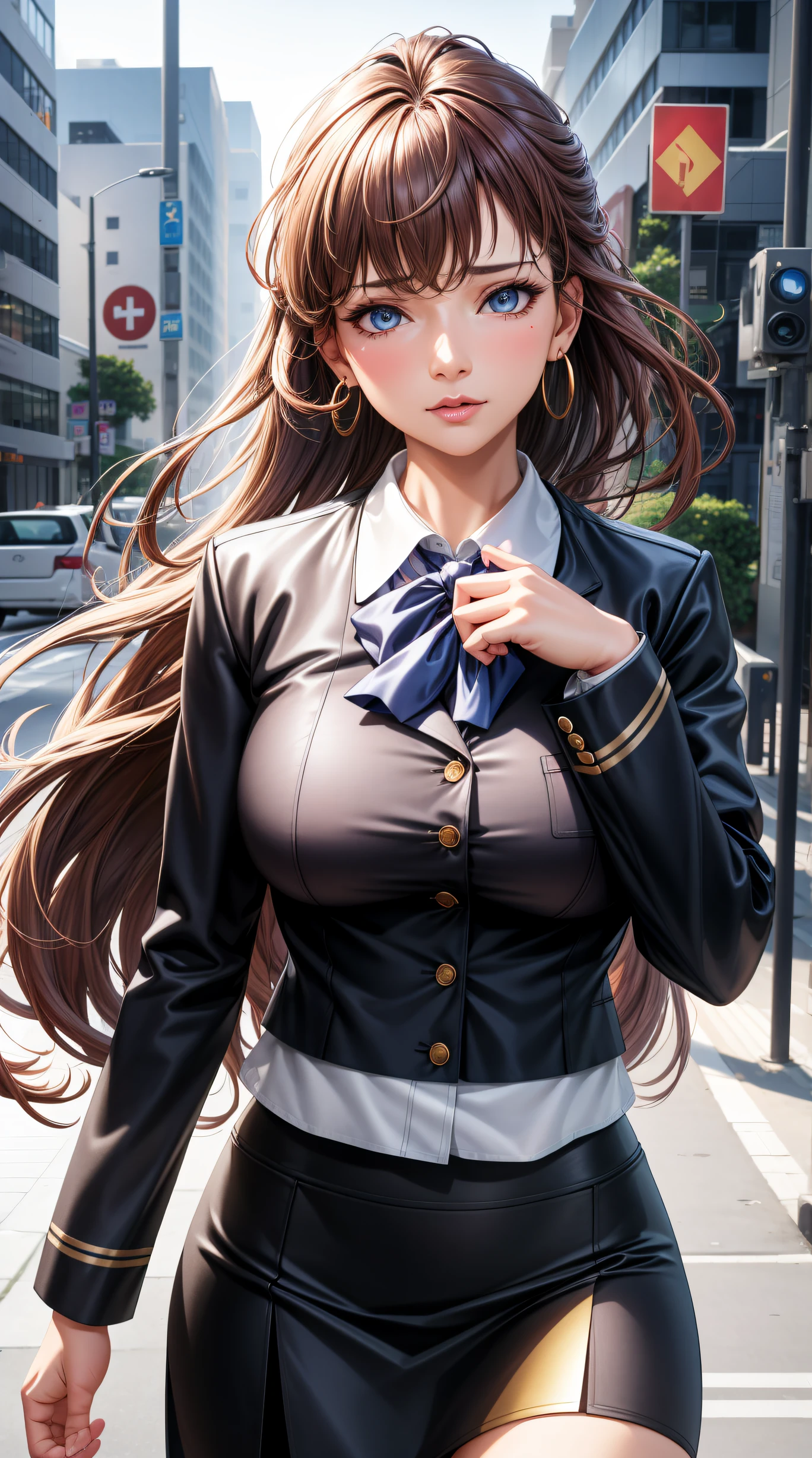 (best quality:1.5, highres, UHD, 4K, detailed lighting, shaders), brown wavy haired, gradient hair, large breasts, suit, gray shirt, social shirt, skirt, mature woman , (pov), white background, colorful eyeshadow, dramatic lighting, sparkling eyes, sensual expression, golden earrings, flowing hair, delicate facial features, soft skin, high cheekbones, urban setting, white background, dont look for the camera, on grass showing her underwear