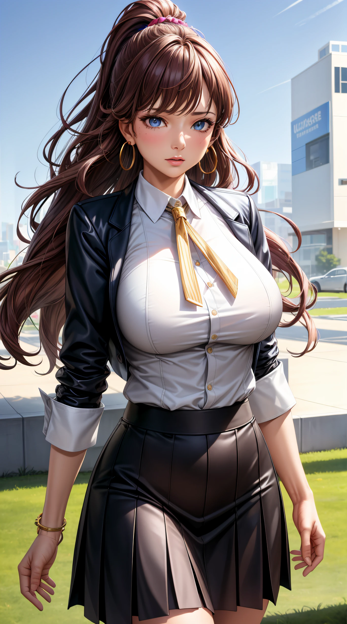 (best quality:1.5, highres, UHD, 4K, detailed lighting, shaders), brown wavy haired, gradient hair, large breasts, suit, gray shirt, social shirt, skirt, mature woman , (pov), white background, colorful eyeshadow, dramatic lighting, sparkling eyes, sensual expression, golden earrings, flowing hair, delicate facial features, soft skin, high cheekbones, urban setting, white background, dont look for the camera, on grass showing her underwear