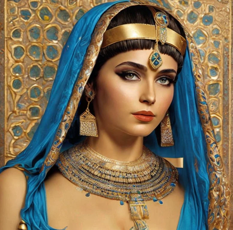 Arabian woman, beautiful face, bright blue eyes, dark flowing hair, see through sun dress, large breasts, thin waste, wide hips, tall, sexy dominant stance, gold & diamond jewelry, standing in doorway of castle,