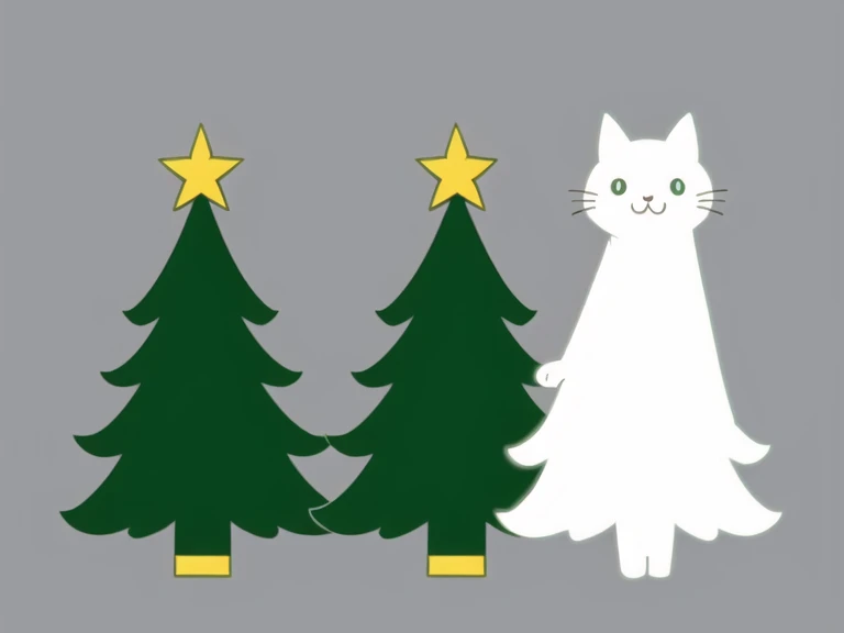 a ((kawaii cat)) dress like an elf, tiny christmas tree, simple background, minimalistic, flat colors, chiaroscuro.
