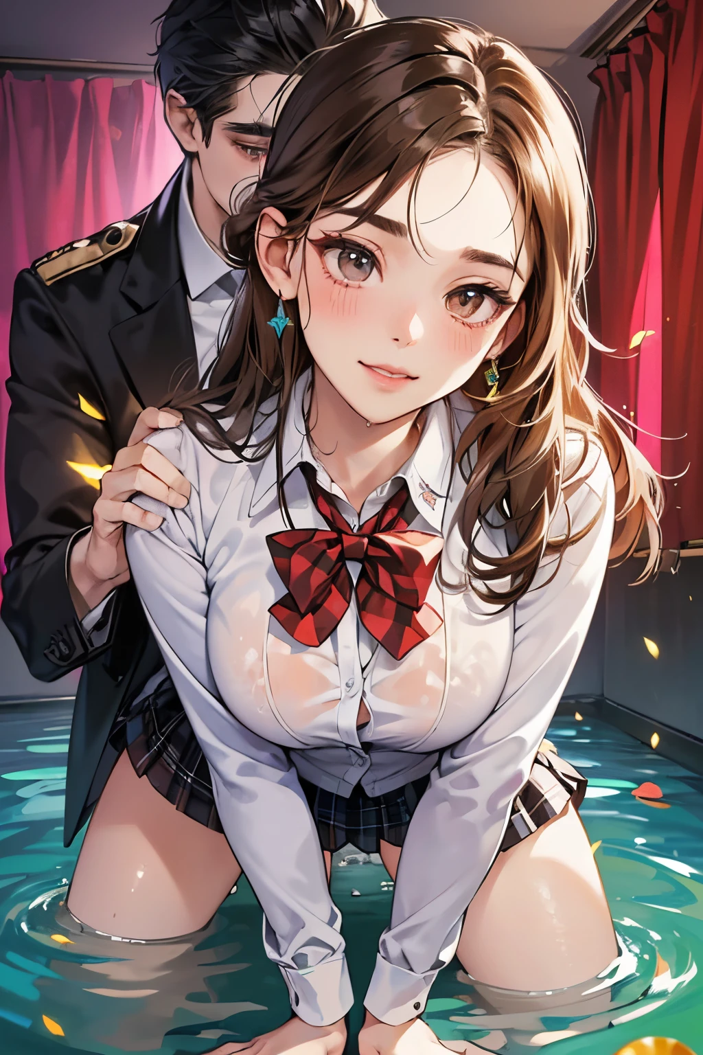 (masutepiece, Digital Art, Digital Illustration, 4K, 8K, Ultra-detailed, beautiful image, Sharp Image, Photorealistic, Raw photo, Perfect face, Perfect lines, Perfect eyes, Soft lighting) 1 woman, (lightbrown hair,Chignon hair in a high position,Innocent look,Lowered eyebrows,drooping eyebrows,drooing eyes,cute large eyes,natural make up,kindly smile,Round jaws,petite female:1.3),Two handsome men in uniform, (ember,men are wearing uniforms,well-muscled,Firm shoulder width,Adult male,Boyish hairstyle,English gentlemanly style,Cool boys、man with bright smile:1.2),(Nervous,be shy,sleepy,embarrassed from:1.2),innocent smiles,(embarrassed from,Shy smile:1.1),A classroom full of light、Schools、flashing curtains、校服、blazers、Black Plaid Pleated Skirt、baggy cardigan、hi-school girl、the kiss、kiss、a couple、couple kissing、Romance、ssex、have 、Wet pubic area、insert 、、Overflowing、Full body painting,(One Girl And One Man,:1.5),(ember,Adult male,Rubbing the girl's :1.2),Cheek dyeing、gasping face、embarrassed、boredom、begging、Unhappy、Greedy expression,Wet pubic area、 xen、Open your  wide、Cowgirl、Fluttering 、Wet shirt、Lace 、 、With my mouth wide open、Akanbee、Pull up your skirt、Show panties、Plug-ins、 Plug-ins、penetrated by 