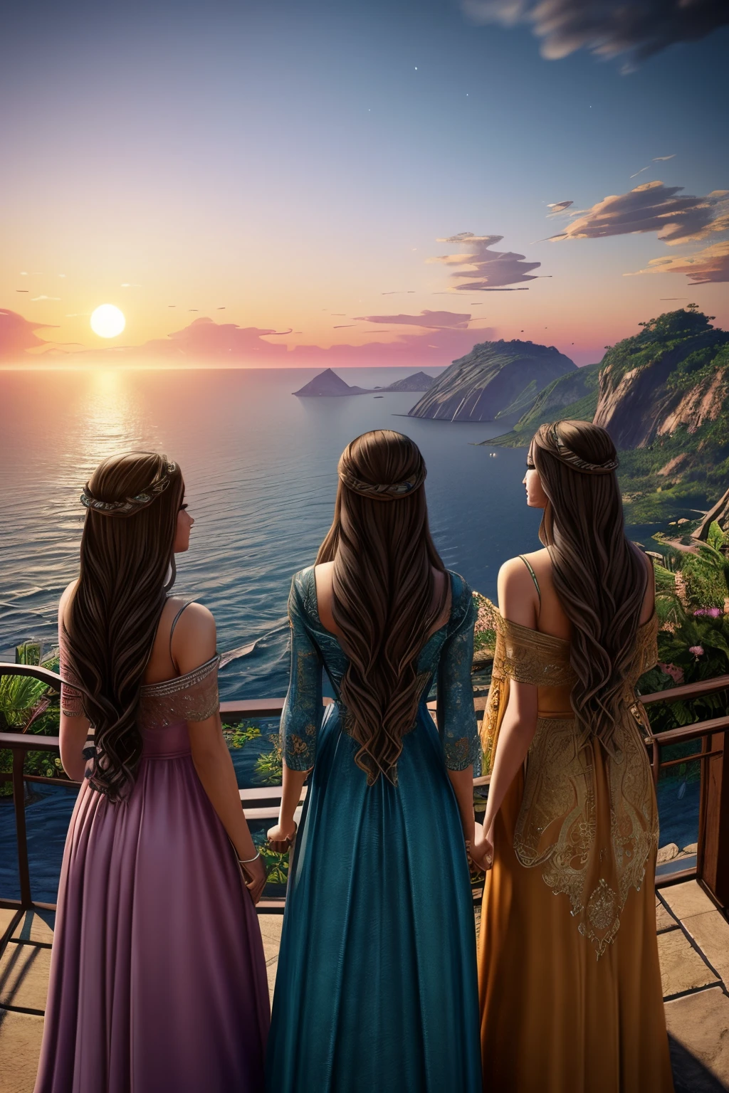 Three friends, taken from behind, watching the sunset, wearing long flowing dresses, long flowing hair, moonlight setting, highly detailed, epic Instagram, artstation, splash style of colorful paint, contour, hyperdetailed intricately detailed , Vibrant Colors, unreal engine, fantastical, intricate detail