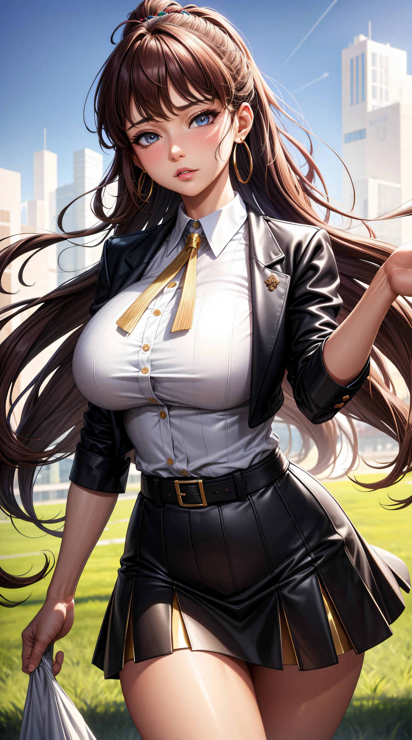 (best quality:1.5, highres, UHD, 4K, detailed lighting, shaders), brown wavy haired, gradient hair, large breasts, suit, gray shirt, social shirt, skirt, mature woman , (pov), white background, colorful eyeshadow, dramatic lighting, sparkling eyes, sensual expression, golden earrings, flowing hair, delicate facial features, soft skin, high cheekbones, urban setting, white background, dont look for the camera, on grass showing her underwear