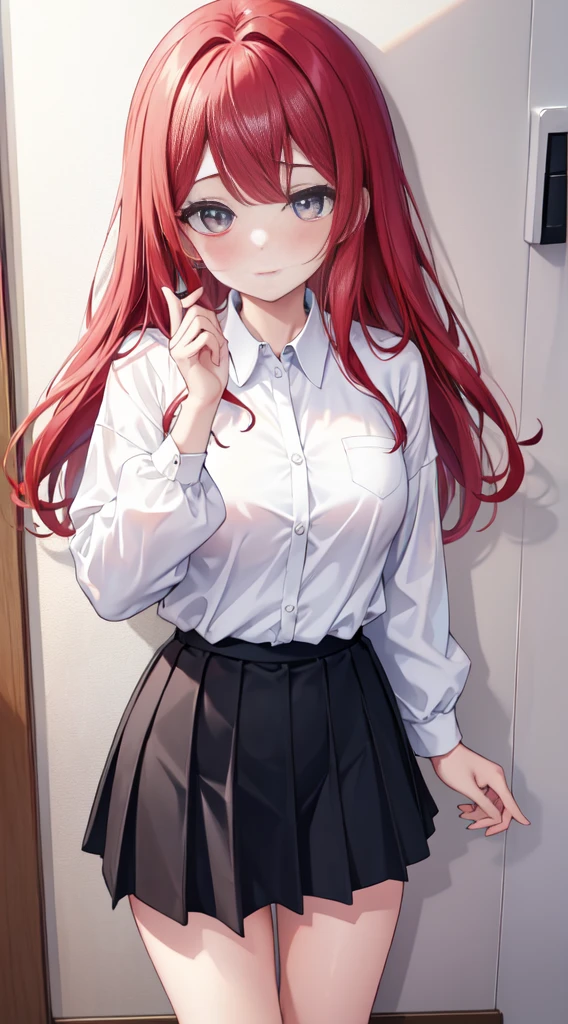 (master part, best quality, florescer, Luz Suave Quente, moderno, Oi-Tecnologia), 1menina e 1menino, Kabedon Pov, (fundo branco vazio:1.4), black skirt, camisa branca, Rosto bonito e detalhado, red hair, orelhas de raposa, (olhos de rubi detalhados), Feliz, jovem