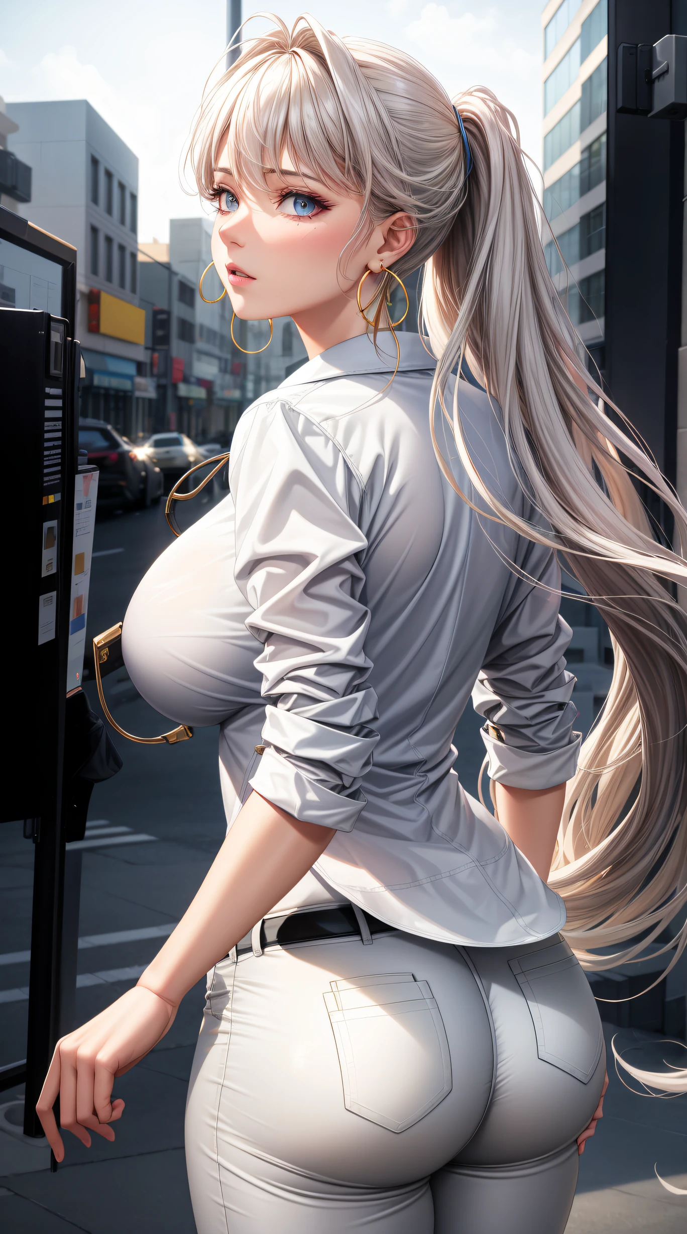(best quality:1.5, highres, UHD, 4K, detailed lighting, shaders), white wavy haired, gradient hair, large breasts, suit, gray shirt, social shirt, social long pants, mature woman , (pov), white background, colorful eyeshadow, dramatic lighting, sparkling eyes, sensual expression, golden earrings, flowing hair, delicate facial features, soft skin, high cheekbones, urban setting, white background, dont look for the camera, view from behind