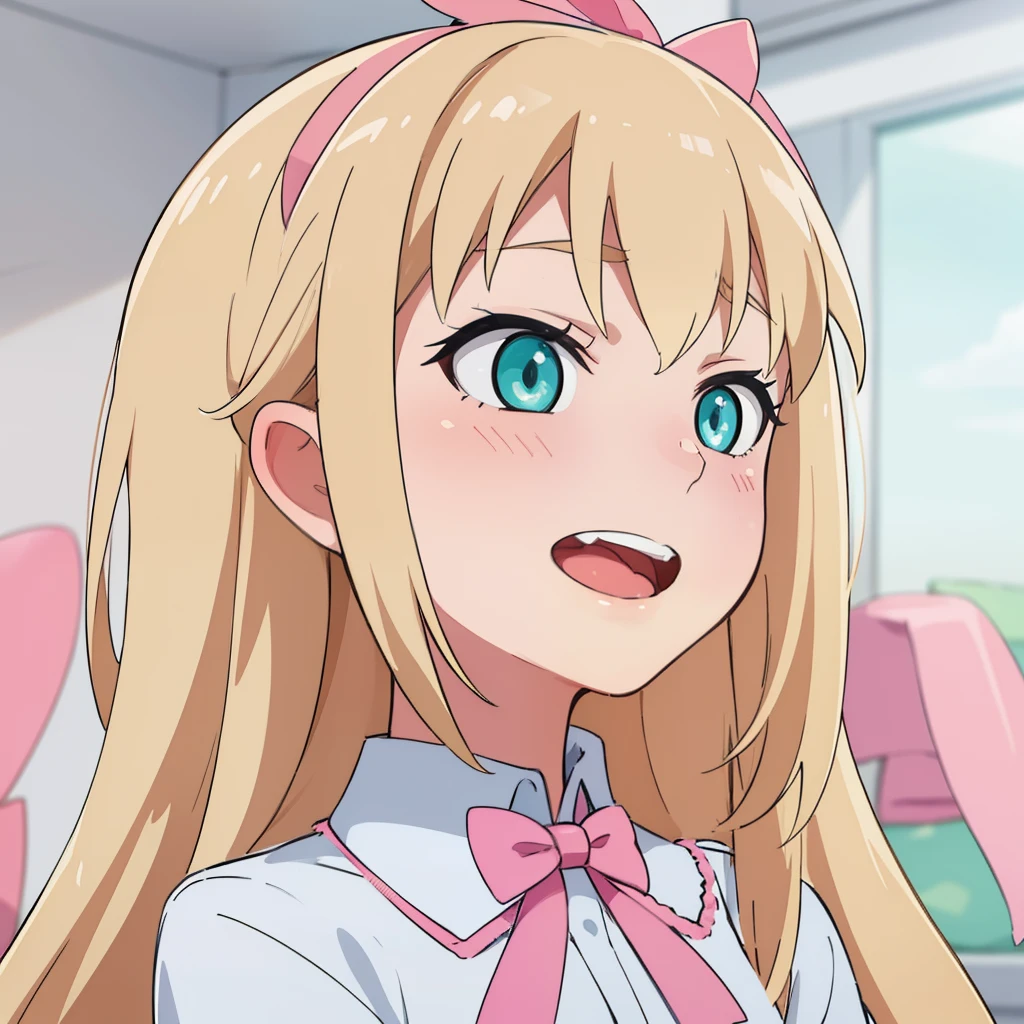 hiquality, tmasterpiece (one girls) blonde woman. Cyan eyes. white shirt. ssmile. Pink Bow. pink ribbon on hair. In the background of the room