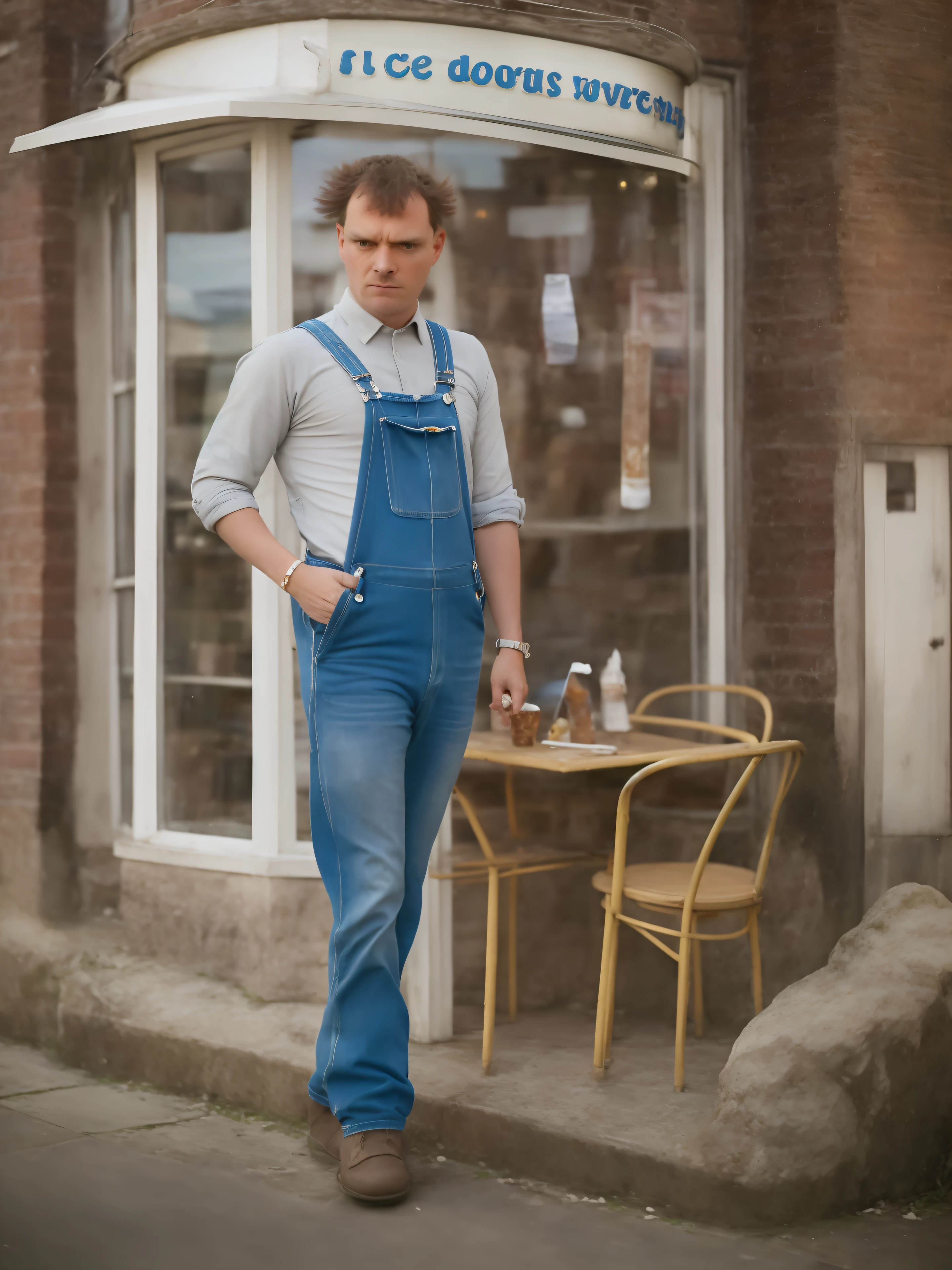 rick youngones, 1man, male focus, photograph, ultra realistic, cowboy shot, looking at viewer, angry, blue dungarees, outside an ice-cream parlour