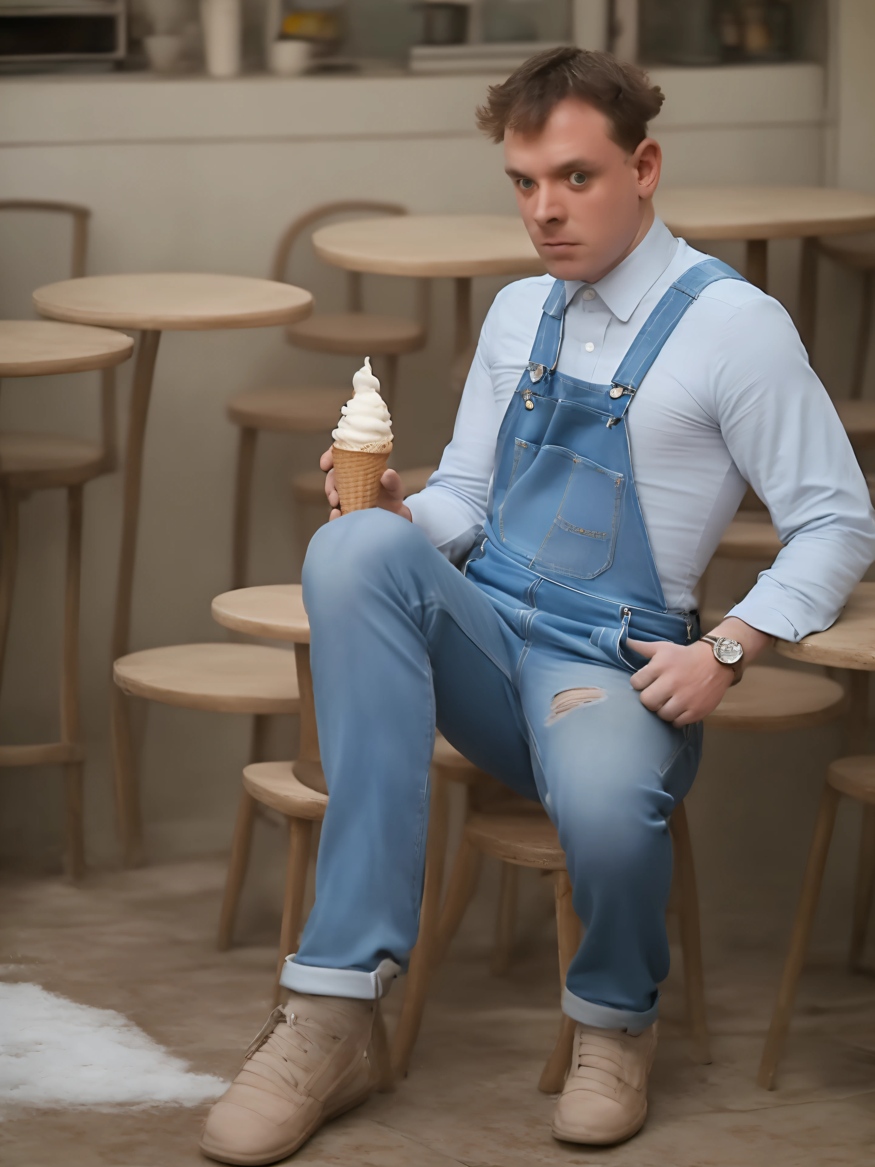 rick youngones, 1man, male focus, photograph, ultra realistic, sitting, upper body, looking at viewer, angry, blue dungarees, ice-cream parlour