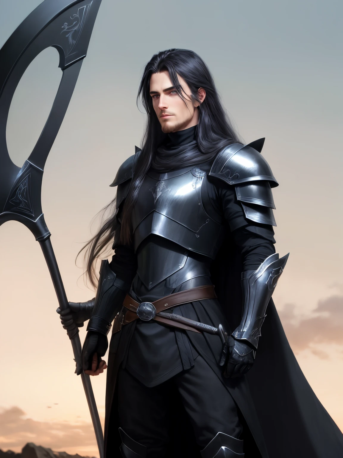 Draw me a man wearing a full black armor and a scythe.
He has long hair, blue eyes and he's pretty tall.