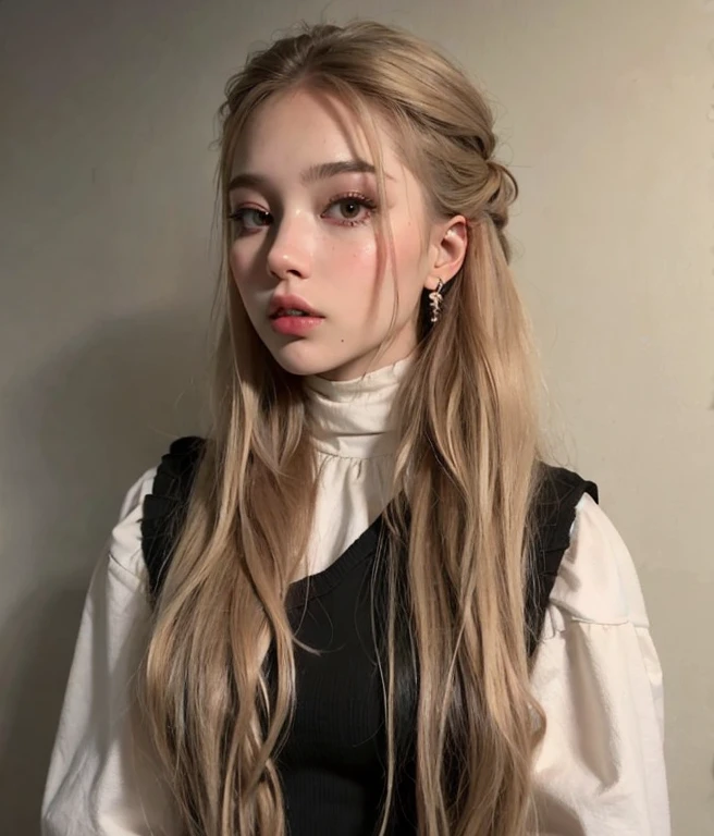 Un primer plano de una mujer con el pelo largo y rubio con un chaleco negro, Anna Nikolanova aka Newmilky, Una chica con cabello rubio, cabello rubio con coletas, Yelena Belova, Parece una mezcla de grimes, 🤤 girl portrait, Estilo de Julia Razumova, Mujer joven INFP, Retrato de Kim Petras, Beautiful Nordic woman