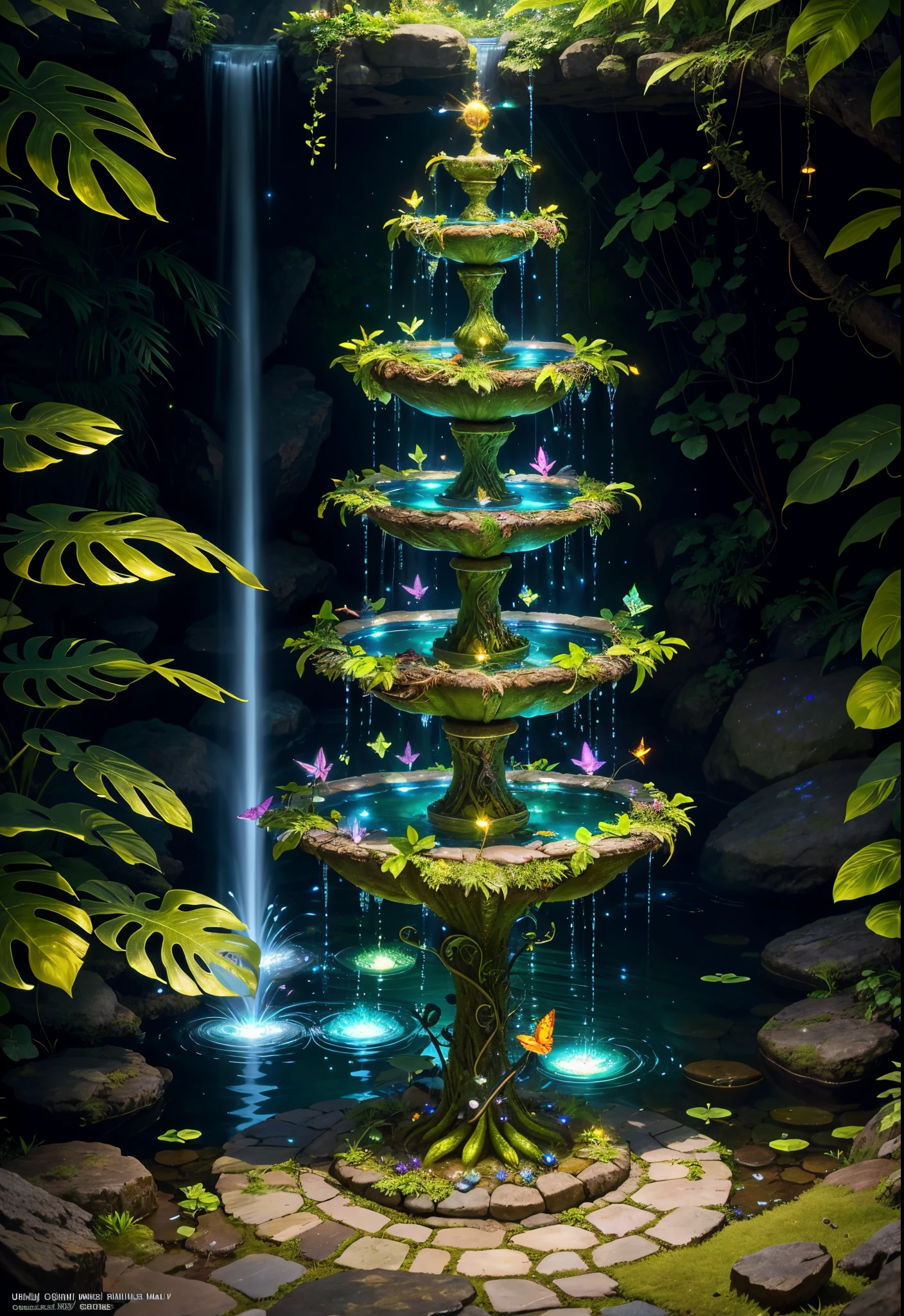 fantasy in glass, "ethereal fountain, sacred spring water, Bright fountain surrounded by delicate leaves and branches, as well as fireflies and glowing particle effects", (nature elements), (Jungle theme), (thallus), (Ramos), (glowworm), butterflys, (delicate leaves), (shine), (particle effect), hyper realisitc, ultra - detailed, dramatic lightning, 4K, Main items,