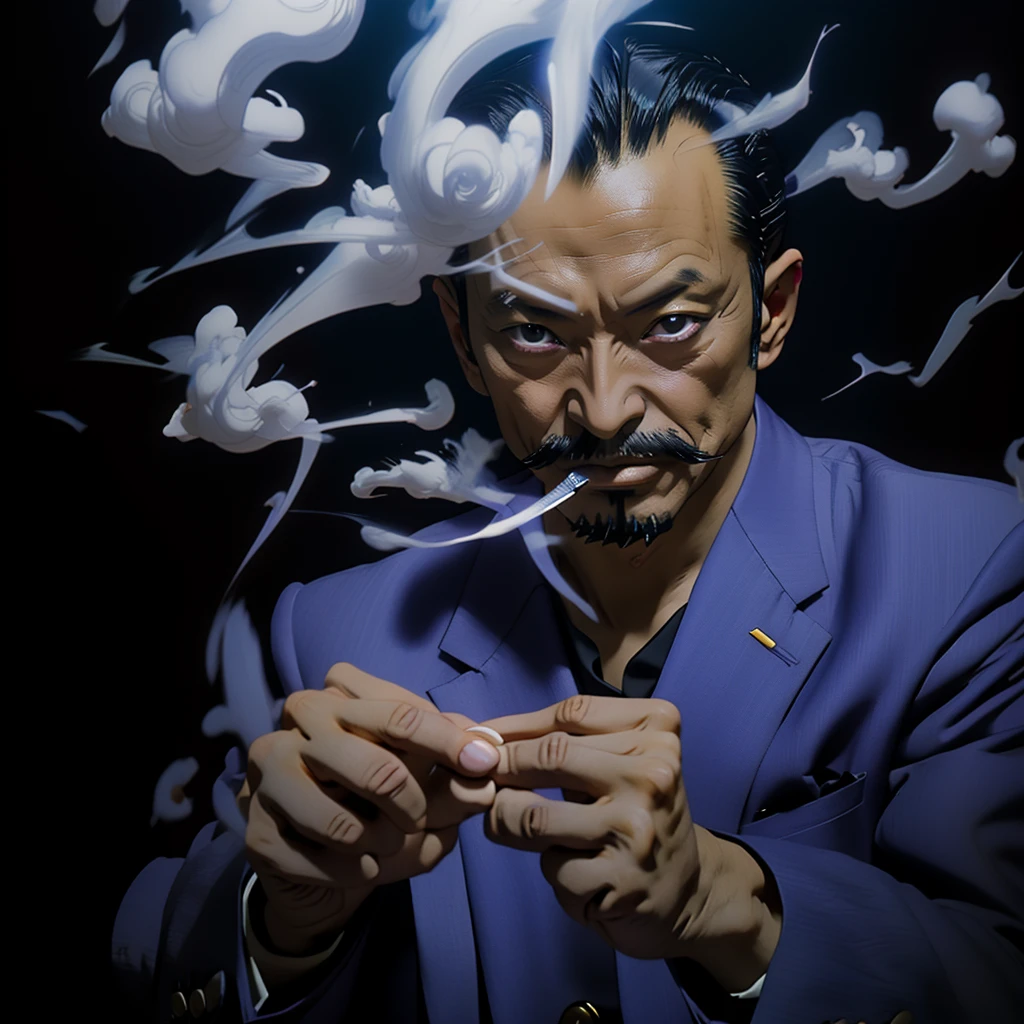 55 years old，Hidetoshi Nakata ，（Kogoro Mouri 1.3), A man in a grey suit, tong, mustache，little beard，masterpiece，4k hd，with smoke superpower, magician, smoke effect, anime style