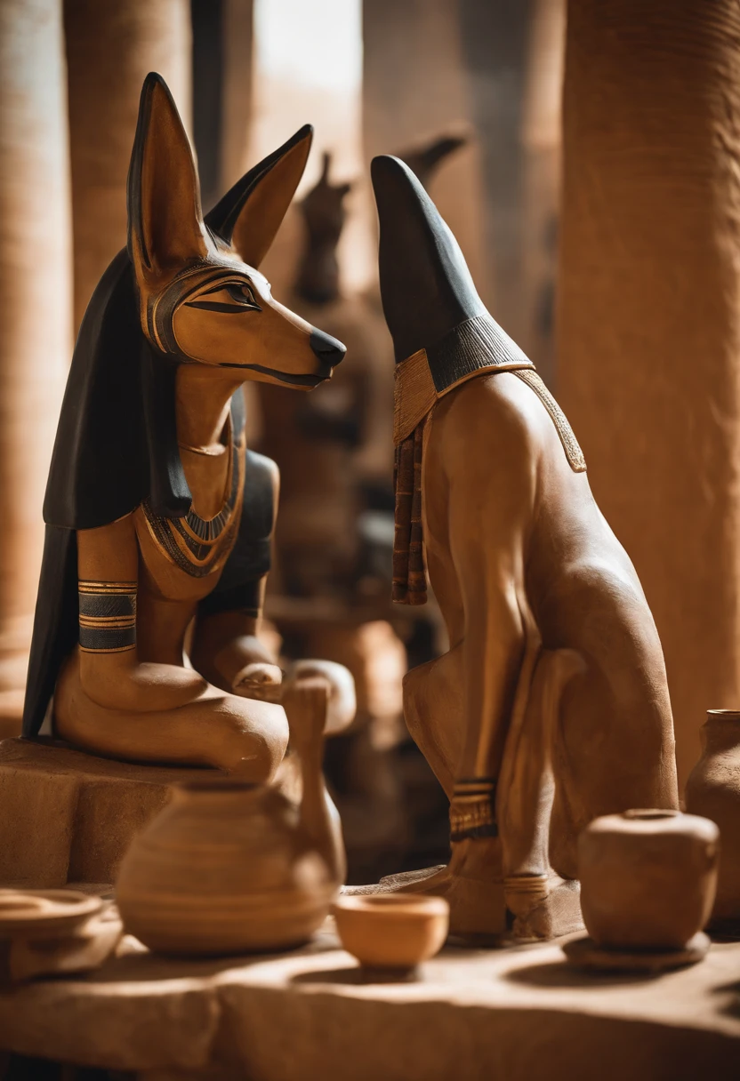 A photo of Anubis quietly observing a traditional pottery-making demonstration,original,anubis is a tall muscular man with the head of a jackal. he is dressed in pharaoh clothing from ancient egypt, male