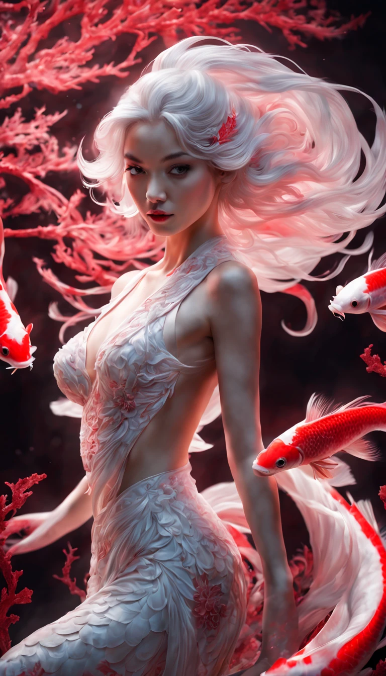 photo RAW, (Black, dark red and neon pink : Portrait of 2 ghostly long tailed white koi, woman, shiny aura, highly detailed, red filigree, intricate motifs, organic tracery, glowing stardust , perfect composition, smooth, sharp focus, sparkling particles, lively coral reef background Realistic, realism, hd, 35mm photograph, 8k), masterpiece, award winning photography, natural light, perfect composition, high detail, hyper realistic