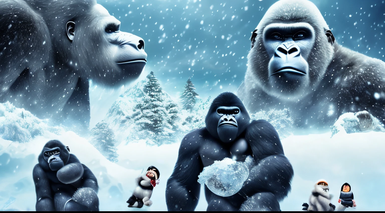 ゴリラ大雪🦍⛄️、gorilla holding a snowball、white gorilla falling from the sky🦍、shining gorilla🦍、winter messenger gorilla🦍、kawaii、white gorilla🦍、Deformed、gorilla family🦍🦍🦍