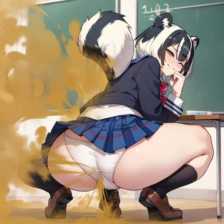 (((Skunk Girl))), evil smirk, Mischievous grin, despise, (((Skunk Tail))), (((big tail))), massive ass, black socks, (Long socks), school uniform, skirt, (short skirted school uniform), squatting , velocity, Panties(white panties), Turn around and look down, Moist eyes, fart, farting, Fart from the ass, spread ass, giant fart, Yellow smoke, Yellow smoke is rising, Close one eye, classroom, fart on boy, Bury your face in my butt