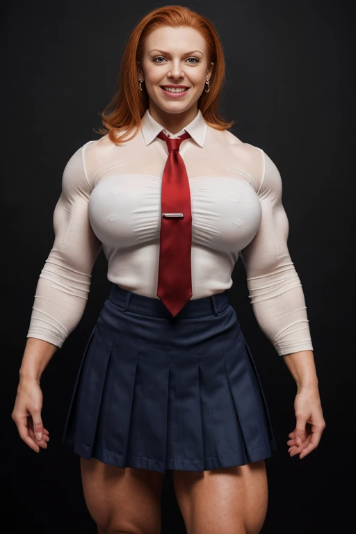 Resident evil, Viewed from above, dtamatic lighting, 40 year old Ms Olympia giant Peggy Bundy,  massive breasts, .photoshoot studio quality lighting, heavily muscled iffb pro female bodybuilder , humongous muscular chest,((school uniforms:1.4)) ( ((high school)),((white shirt)), ((red tie)), ((dark blue silk skirt:1.3)) ((in the class room:1.3)) ((thin_fabric:1.4)) ((random pose:1.3)) ((sweaty:1.5))((face is flushed:1.4)) ((big muscles:1.4)) ((close-up:1.2)) best quality,masterpiece,ultra high res,(photorealistic:1.4),raw photo,(Authentic skin texture:1.3),(film grain:1.3),panorama,character portrait,very wide shot,narrow waist,cowboy shot,(in the dark, deep shadow, low key, cold light,) night,streaming tears,,dust,Tyndall effect,(expression),beautiful detailed eyes and face,white jabot,brown eyes,((ginger hair:1.2)) ((full body:1.3)) ((smile:1.3))