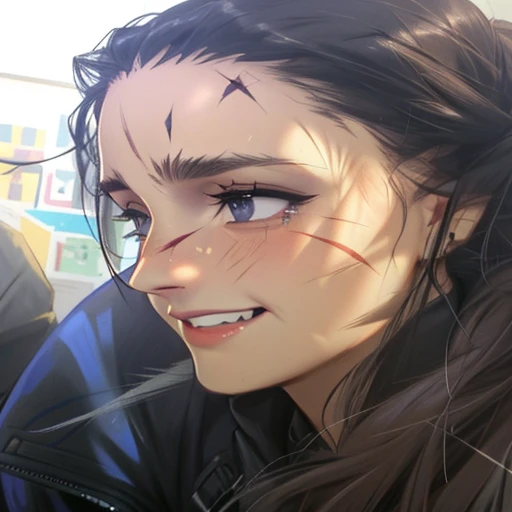 arafed woman with a bruised face and a black jacket, big gash on face, bruised face, face with scars, tear on face, so happy that her face hurts, with a bruised face and bruises, her face hurts, scar on face, a plaster on her cheek, noticeable tear on the cheek, scars on face, scar across the nose