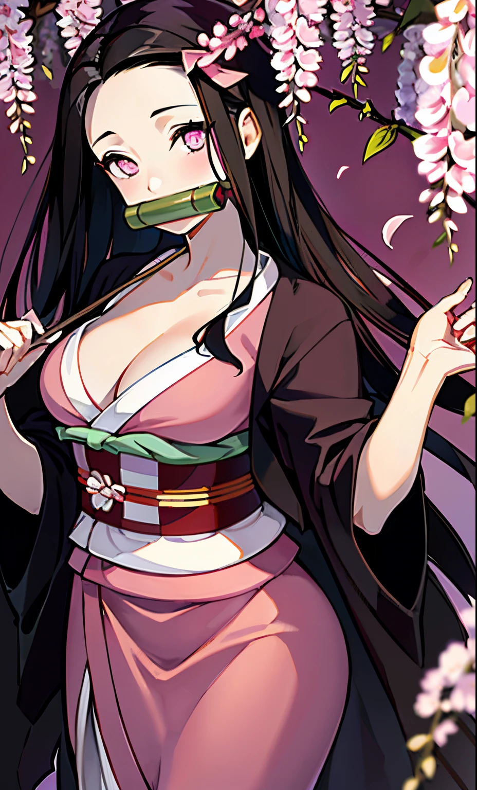 masterpiece, (pink kimono), seductive face, good lighting, décolleté, fine details, masterpiece, glowing eyes, 1girl, black hair, gag, bamboo, Nezuko Kamado, wisteria background, masterpiece, best quality, POV, whole body, wide hips,
