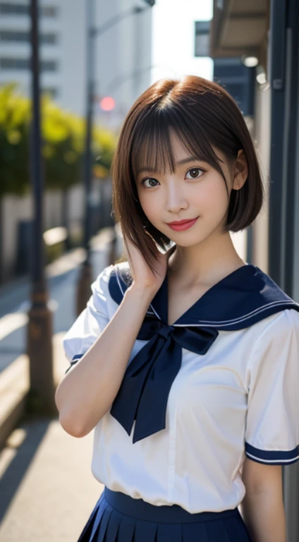 White see-through blouse,Face Interview, (Photo Real:1.4), (hyper realisitic:1.4), (realisitic:1.3), (Smooth lighting:1.05), (Improve video lighting quality:0.9), 1womanl, (-yeld gi1.2), Realistic lighting, Back lighting, Facial light, raytrace, (cheerfulness:1.2), (Improved image quality:1.4), (Finest Real Textured Skins), finely eye, a small face, Red cheeks, skinny body, small tits:1.8、Pointed jaws,,,,,,, Japan idol, Nogizaka Idol, glowy skin, hposing Gravure Idol, P, Blunt bangs, Black hair, hair behind ear, Medium bob hair:1.2,Tear bag,Summer plateau、(White short sleeve blouse、Sailor School Uniform、Navy blue pleated skirt:1.2)