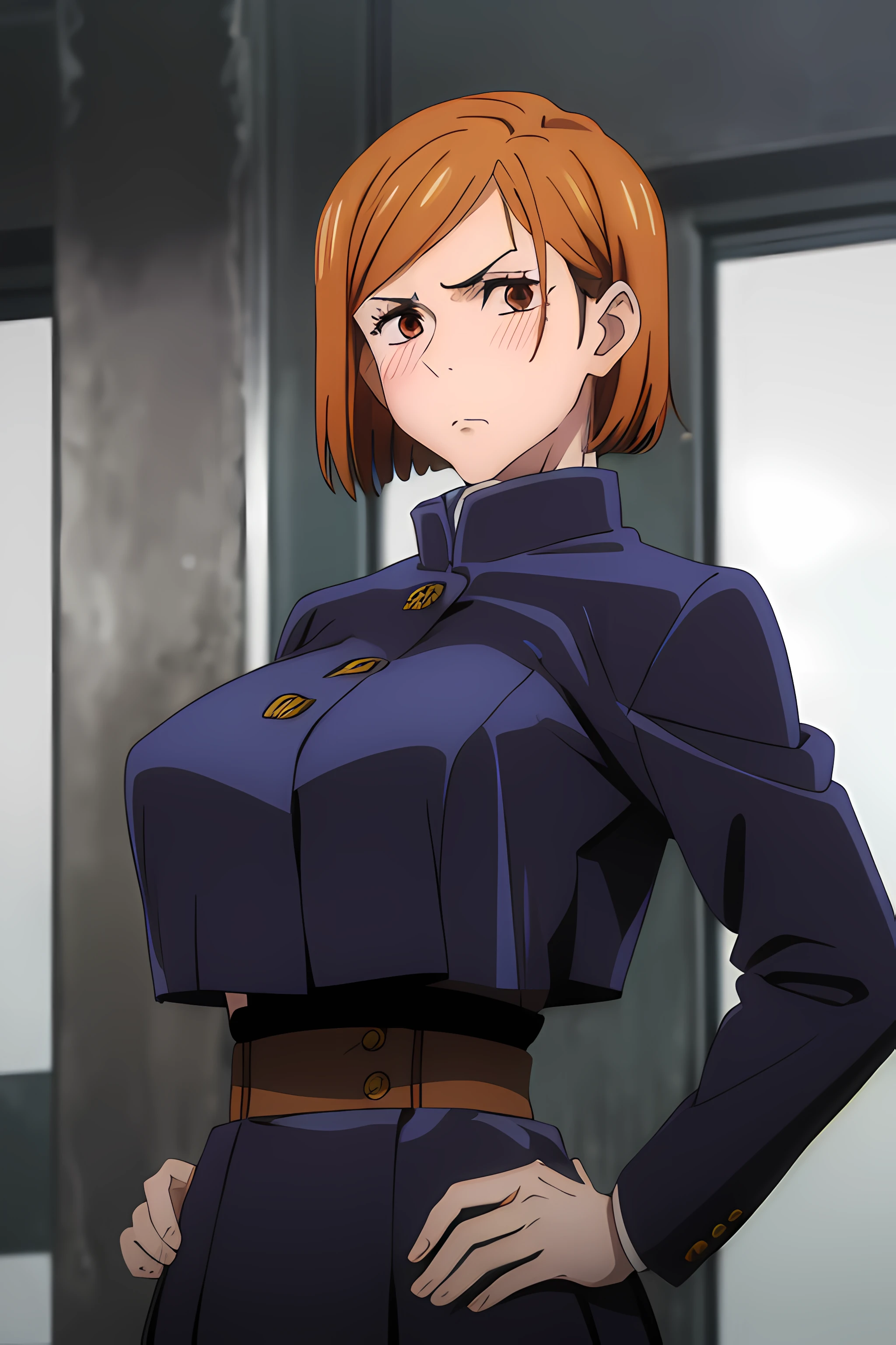 (masterpiece), (best quality), (ultra-detailed), (best illustration), (best shadow), (absurdres), nobarakugisakinova, short hair, orange hair, ((brown eyes)), kugisaki nobara, school uniform, 1girl, solo, jacket, bangs, gakuran, closed mouth, long sleeves, looking at viewer, upper body, (huge boobs), (((large breasts))), ((blushing)), Hourglass body, thin waist, very thin waist, hands on hips, angry, front view, ((busty)), slight midriff,