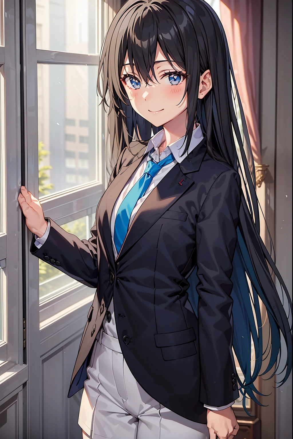 Yukinoshita Yukino wears a tuxedo coat, 1girl, Snafu anime, Female Butler, Elegant blue evening tie, collared shirt, bloomers, Black tail coat, Detailed background of the room, eyes blue, closed mouth, Smileing, A very sexy girl in a suit and tie is standing by the window, 1girl, 独奏, necktie, Black hair, eyes blue, long  hair, smile, jacket, looking at the scenes, shirt, bloomers, blue necktie, collared shirt, white pants, white shirt, indoors, explosions, long-sleeved, closed mouth, window, black jacket, blush, cowboy shot, ceremonial, Yukinoshita Yukino suit, A woman in a black suit and blue tie is standing next to the windowsill, 1girl, 独奏, necktie, eyes blue, jacket