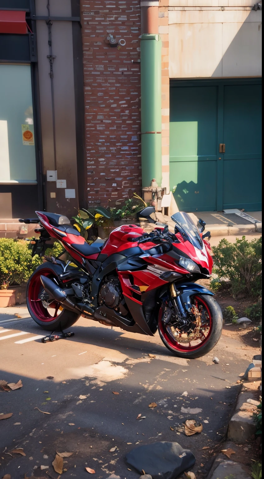 there is a motorcycle parked in front of a building on the street, front side full, f 3 2, f32, front profile, r6, front side, white red, side front view, yoshimura exhaust, front side view, full device, full pose, f 3.5, f3.5, motorcycle, f 3. 5,random background games