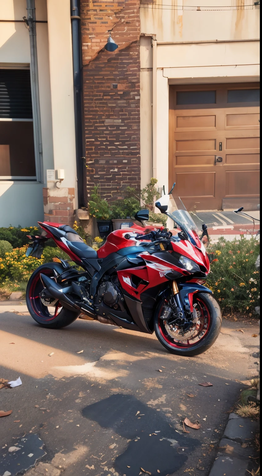 there is a motorcycle parked in front of a building on the street, front side full, f 3 2, f32, front profile, r6, front side, white red, side front view, yoshimura exhaust, front side view, full device, full pose, f 3.5, f3.5, motorcycle, f 3. 5,random background games