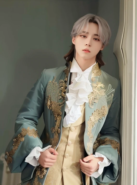 hay un hombre con una chaqueta azul y una camisa blanca, beautiful androgynous prince, delicate androgynous prince, Jimin\Nariz griega de, Cai Xukun, Handsome prince, Parque Jimin, Jimin, Jung Jaehyun, Aristocratic appearance, # rococo style, Rococo style portrait, inspirado por Louis Le Nain, Renaissance Prince