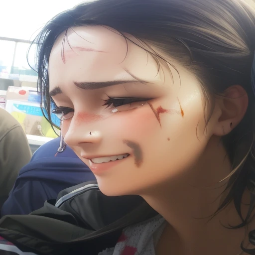 arafed woman with a bruised face and a black jacket, big gash on face, bruised face, face with scars, tear on face, so happy that her face hurts, with a bruised face and bruises, her face hurts, scar on face, a plaster on her cheek, noticeable tear on the cheek, scars on face, scar across the nose
