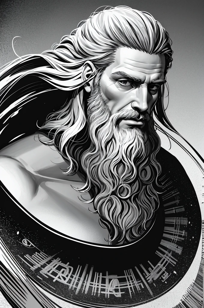 retrato de zeus, de perfil, deus grego, furioso, arte linear, misto de arte poligonal, arte com hachuras, monocromatico, fundo pouco detalhado, barba comprida, cabelo comprido, raios nos olhos, semblante furioso