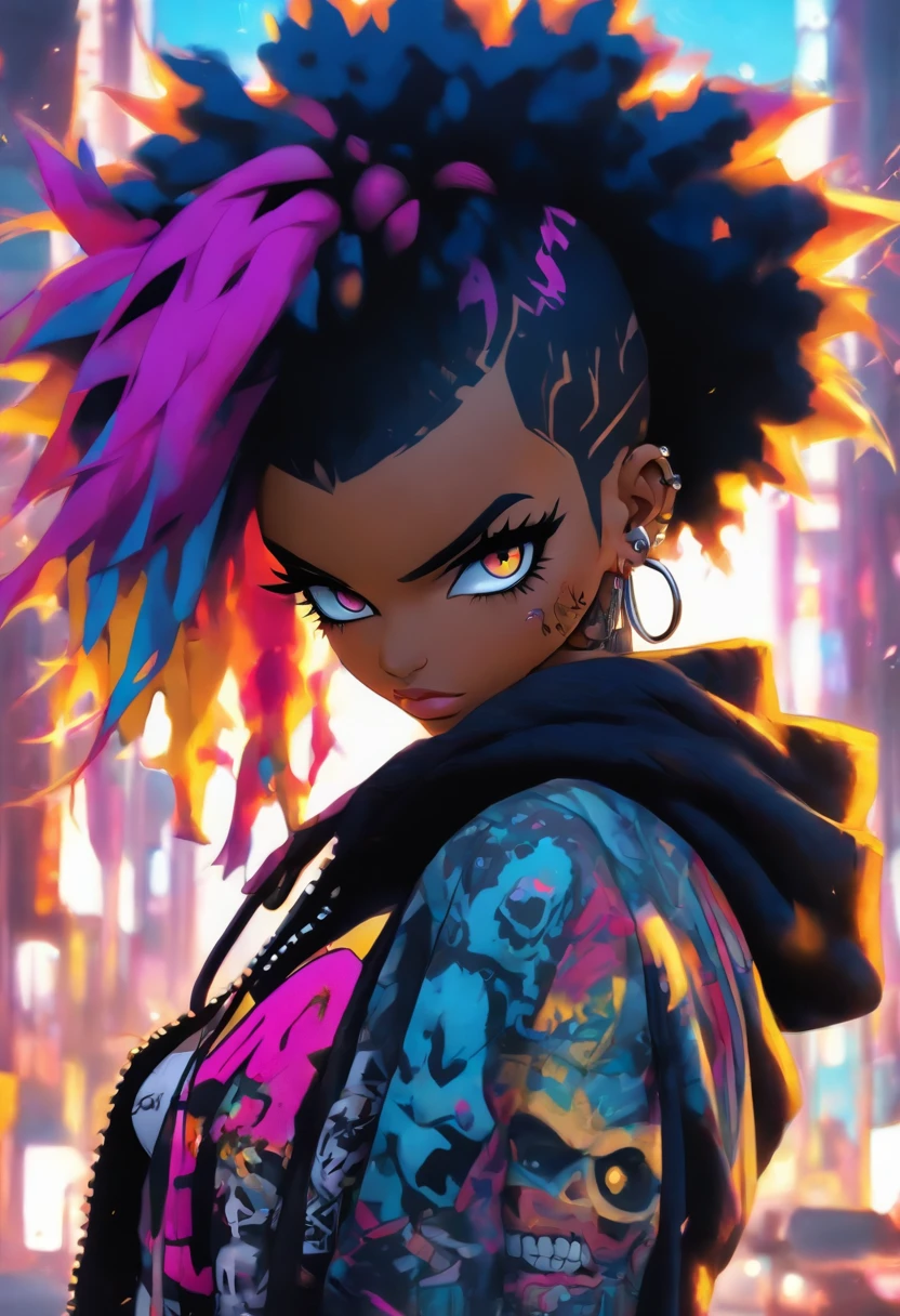 The most beautiful and sexy punk rock girl, black shaved side Afro, black and purple, blue hair, yellow eyes, dark skin, full body, wearing a hoodie, Graphic design jacket and torn skinny jeans, tons of tattoos and piercings, Perfect masterpiece, high quality, High resolution, big tits