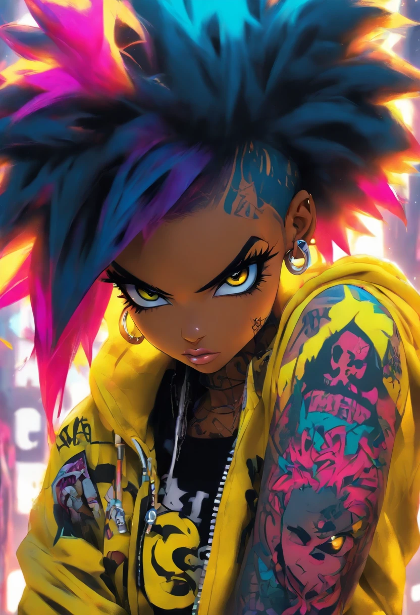 The most beautiful and sexy punk rock girl, black shaved side Afro, black and purple, blue hair, yellow eyes, dark skin, full body, wearing a hoodie, Graphic design jacket and torn skinny jeans, tons of tattoos and piercings, Perfect masterpiece, high quality, High resolution, big tits