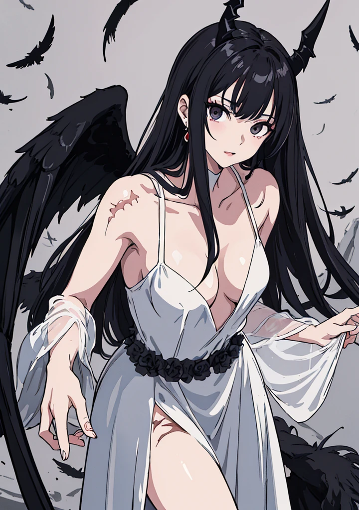 (masterpiece, best quality), 1girl, demon, black eyes, malicious, mature woman, white translucent dress, scars, black wings