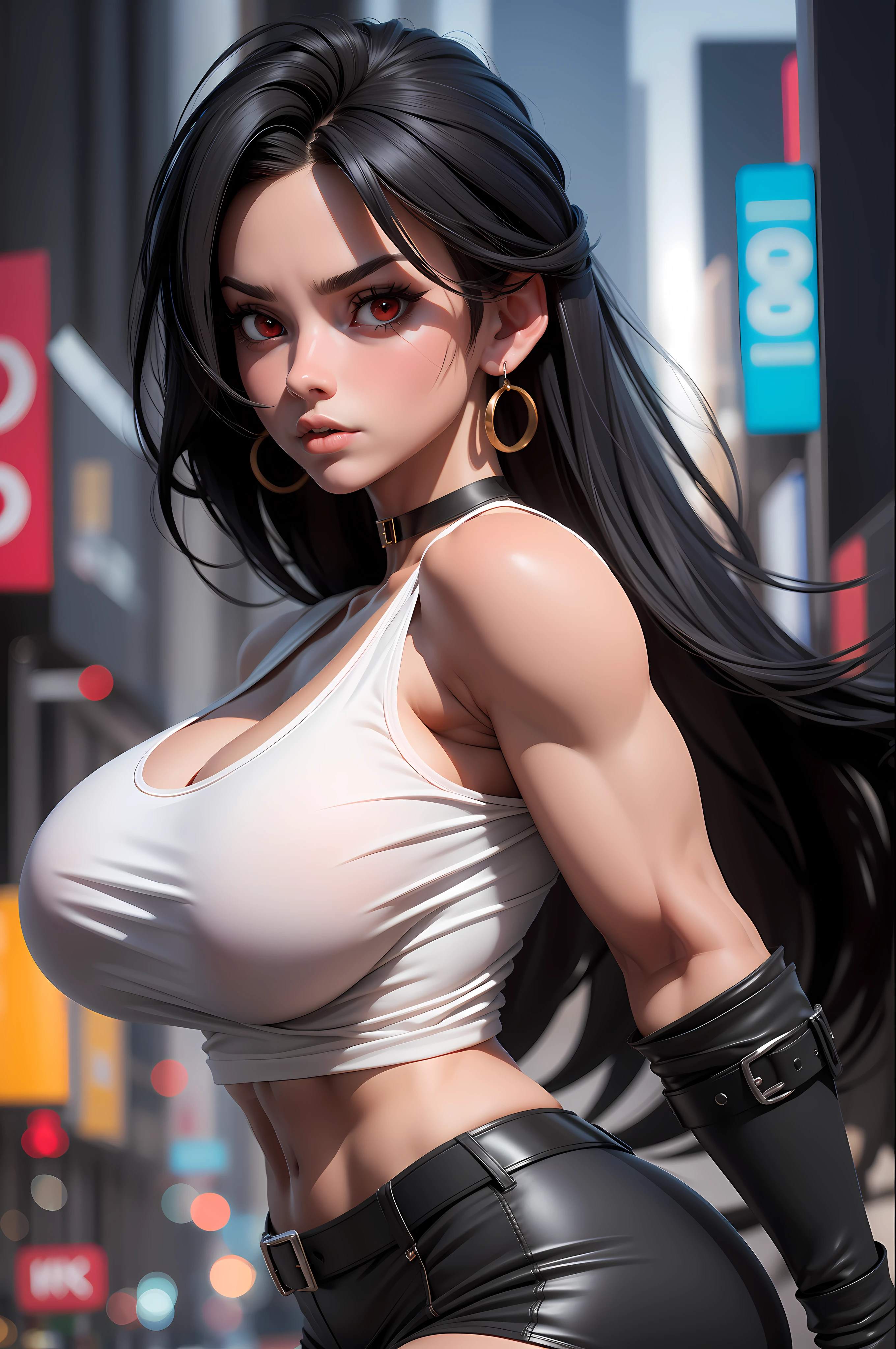 masterpiece, best quality,3d rending work ,3DMM style,close-up, 3D,1girl, solo, black hair, teardropshaped earrings, looking to the side, realistic, upper body, urban city background, bangs, looking away, long straight black hair, parted lips, choker, makeup, mole, (white tank top:1.3), red eyes, tifa lockhart, (huge breasts:1.5) enormous droopy breasts, macromastia, cleavage, exposed stomach, toned abs, toned arms, black miniskirt