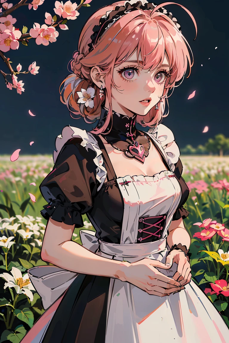 (((((((ruboroso,lindas mejillas,pink hair，gothic maid apron with flower))))))，((1girl,solamente,asombroso,Linda chica coreana de raza mixta，Cara flaca,))(Obra maestra,La mejor calidad, Arte oficial, beautiful and aesthetic:1.2),((Disco duro,golden ratio,)) (16k),((sakura petals,pedazos de nieve)),(physically based representation),((((en un desierto,Por la noche,)))) (((HighDetailskin,)))，((corona de cabello)),((((Pelos detallados|Cabello Medio|Trenza francesa|nudo superior|cabello empapado|Cola de caballo lateral|Ahoge)))),Esbelto,Thicc,(masterpiece sidelighting),(El brillo),(cabello hermoso,Hermosos ojos,）[[dedos y manos delicados:0.55]::0.85],(Dedos de detalle),(((Calidad superior,)))),((Unbelievable ridiculous quality,)),((sumamente_Detallado_ojos_y_cara)),Chica de cine,(dynamic setting: 1.2),brillante, (fotorrealista), ((cinta rosa en el cabello)),Ultra-precise depiction, Ultra-detailed depiction