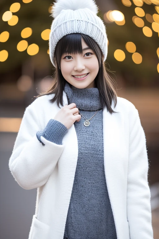 （Best Quality,masuter piece:1.2）Perfect and ultimate idol,Artist Photos,perfect detailed,Cute anime girl,with round face,Perfect and beautiful face,（Realistic,Photorealistic,Live action:1.2）,a cool,triumphantly,A smile,small tits,Detailed face,1girl in,Solo,Night background,Beautiful girl in casual clothes,Wearing a white coat,Winding muffler,knit hat,frontage,The upper part of the body,The background is downtown,Right eyes,correct body,outdoors at night,stand in front of the christmas tree,Look up,illuminations,nighttime scene